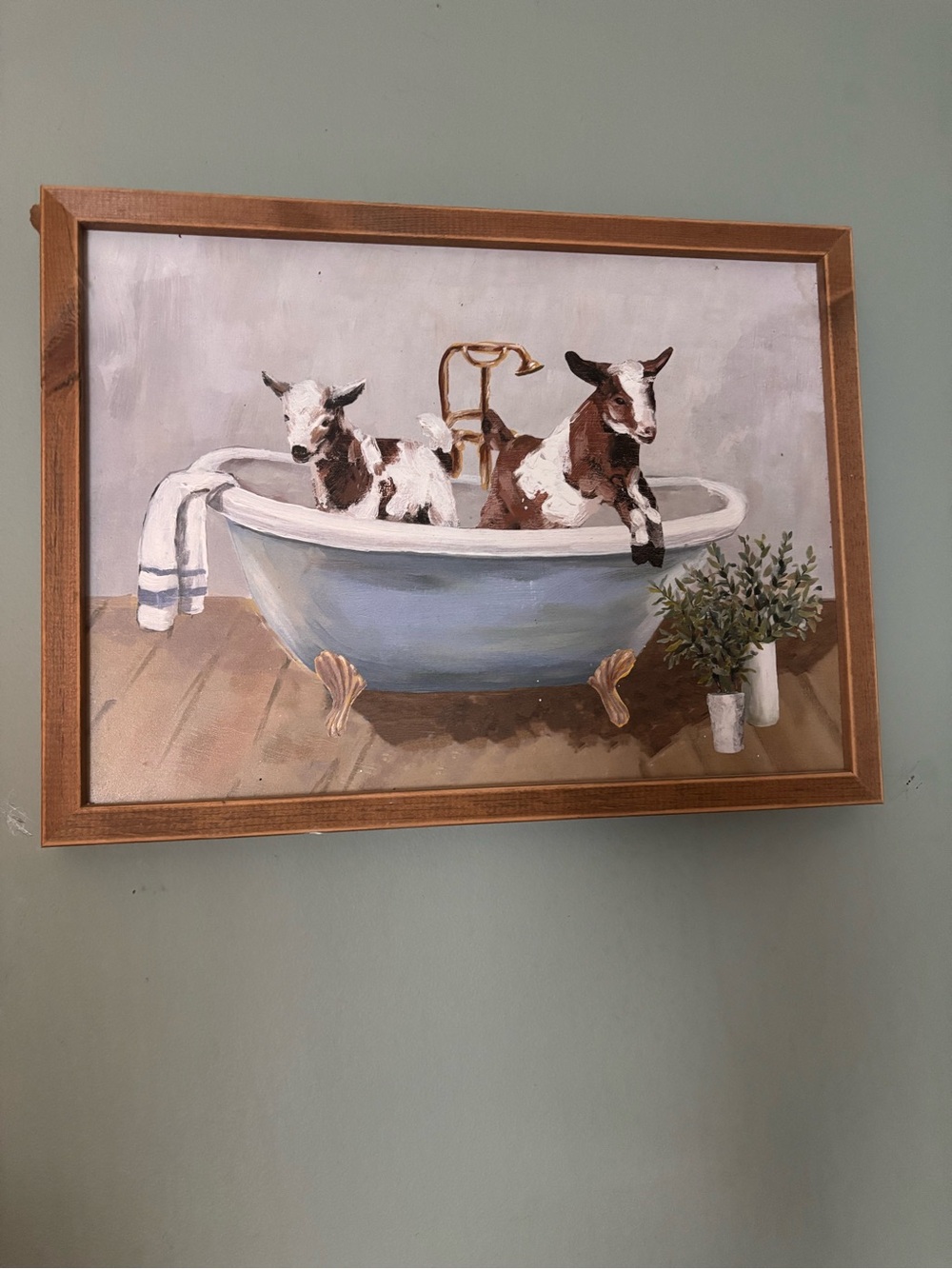Framed Farmhouse Bath Print - Blue Clawfoot Tub with Goats